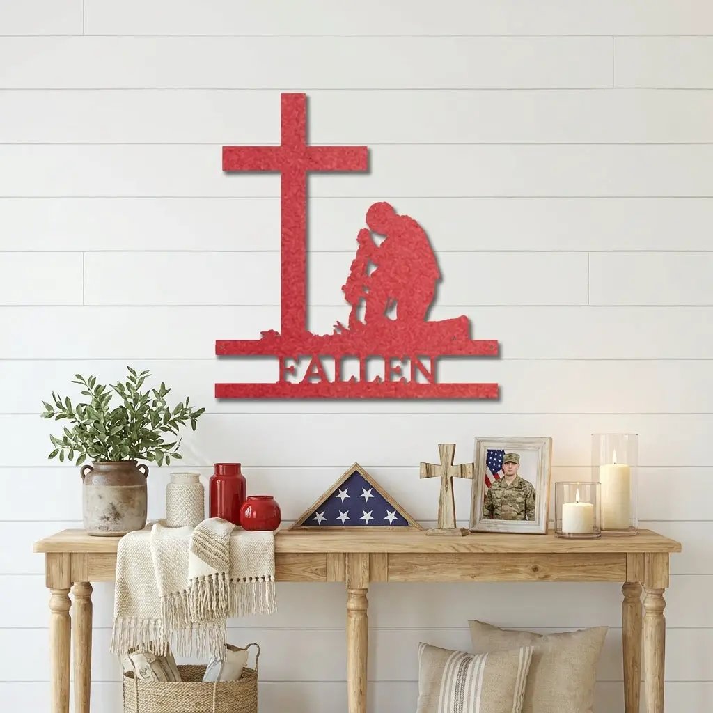 Personalized Fallen Soldier Memorial Metal Wall Art | Military Remembrance Cross Decor | Veteran Tribute Sign