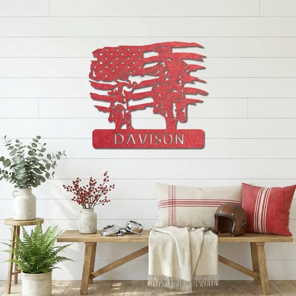 Personalized American Father & Son Motorcycle Metal Wall Art | Patriotic Biker Family Sign | Custom USA Motorcycle Decor