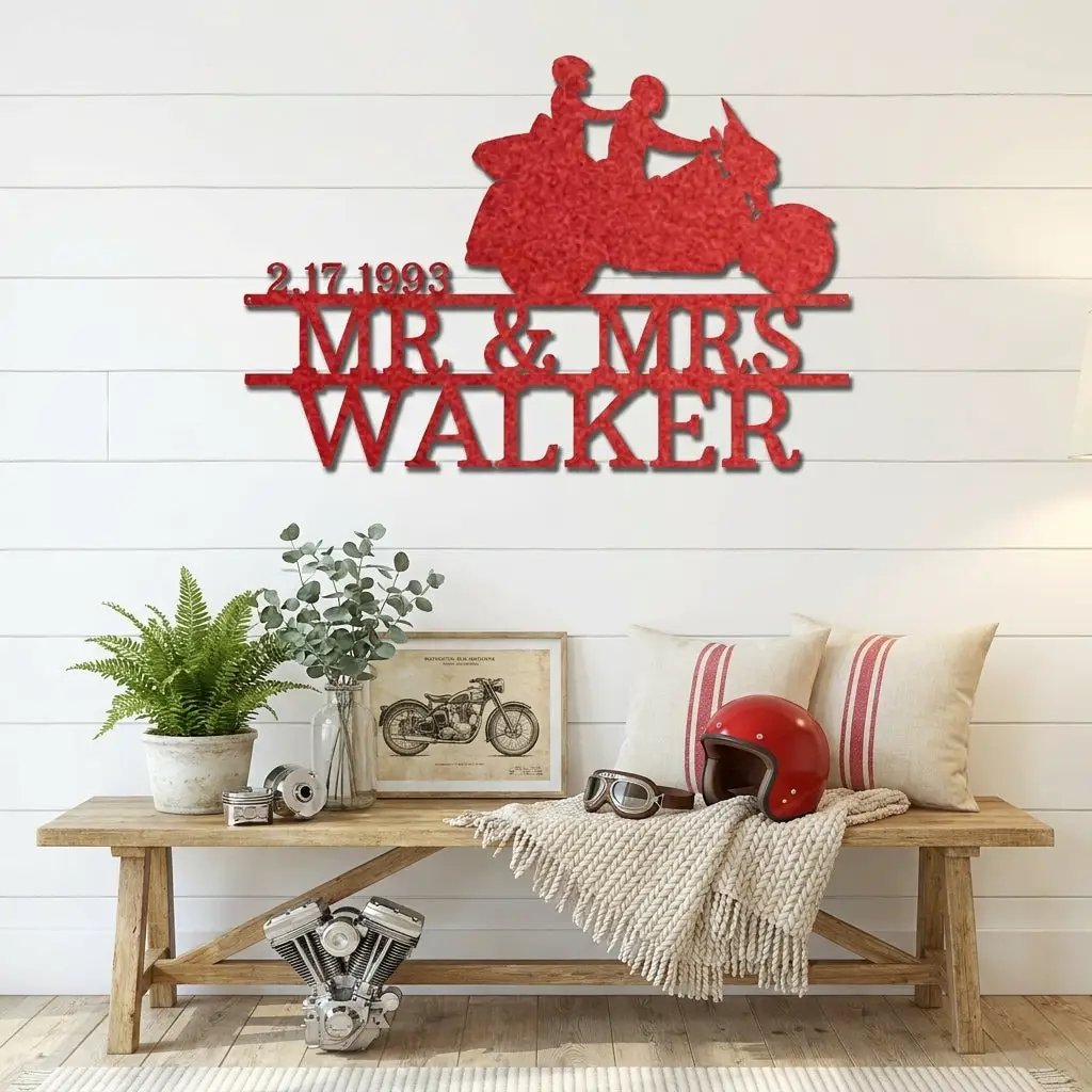 Personalized Motorcycle Couple Metal Sign Mr and Mrs Wedding Gift Custom Biker Wall Art Anniversary Gift Steel Decor