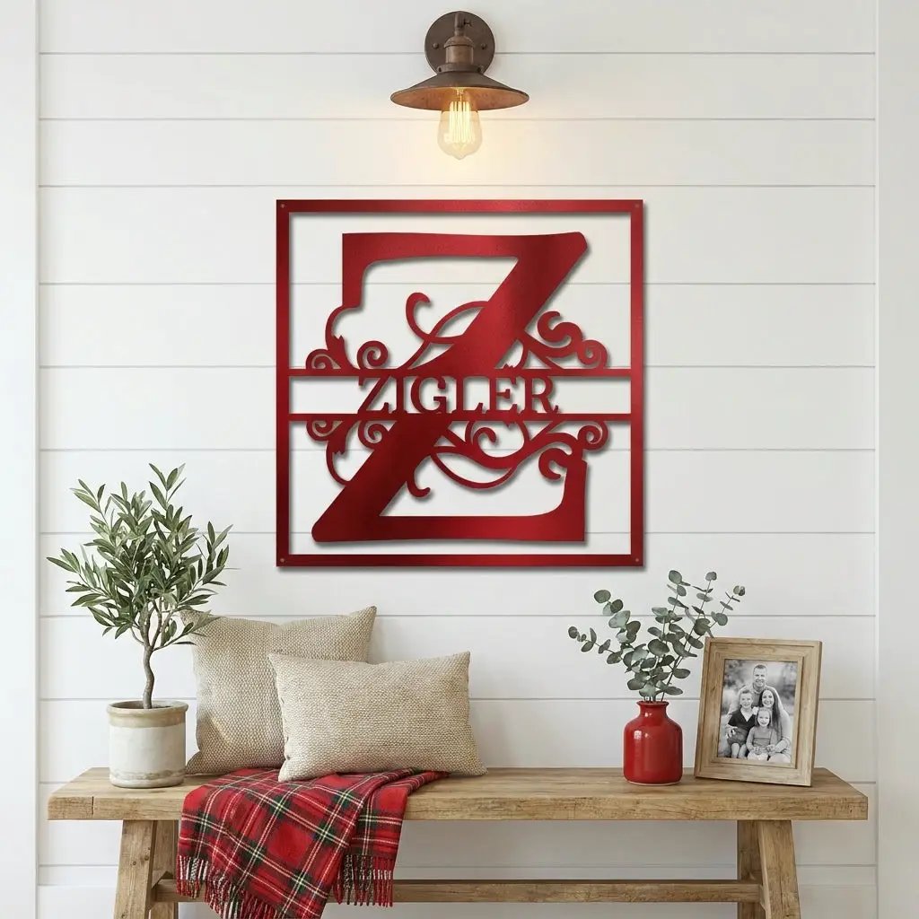 Personalized Monogram Metal Wall Art – Custom Family Name Sign – Square Metal Wall Decor – Farmhouse Last Name Steel Sign