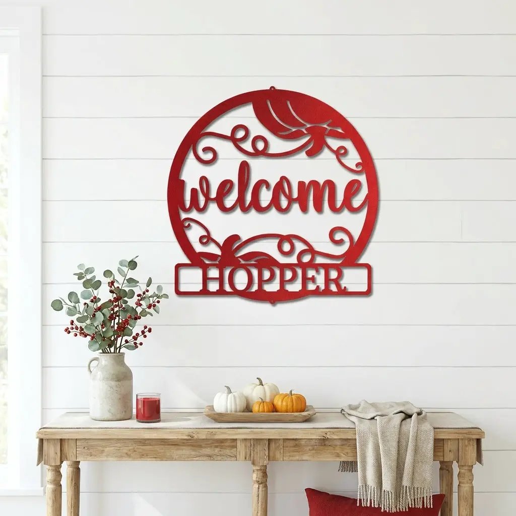 Personalized Pumpkin Metal Wall Art – Welcome Fall Sign with Family Name – Rustic Autumn Decor – Custom Front Door Pumpkin Sign – Farmhouse Fall Decor