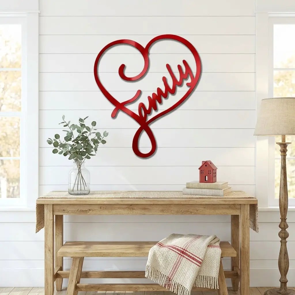 Family Name Heart Metal Wall Art Sign – Custom Steel Family Love Monogram – Laser Cut Amish Crafted Metal Home Decor