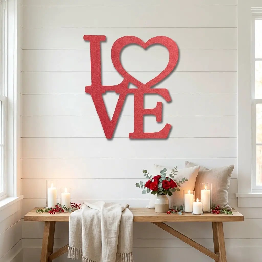 LOVE Metal Wall Art Sign with Heart – Romantic Steel Wall Decor – Wedding Anniversary Gift – Modern Farmhouse Decor