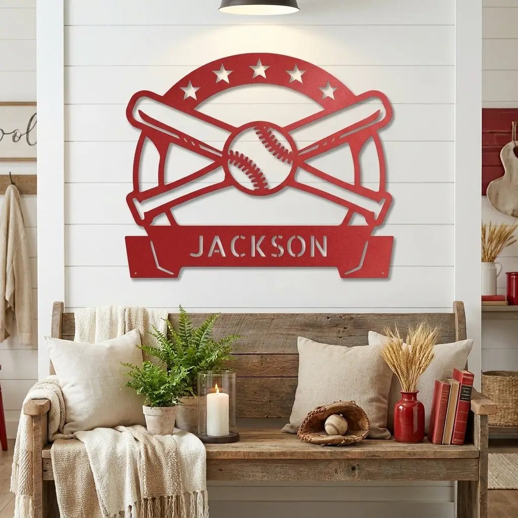 Personalized Baseball Metal Wall Art – Custom Name Baseball Sign – Baseball Bat & Ball Decor – Coach Gift – Sports Wall Art