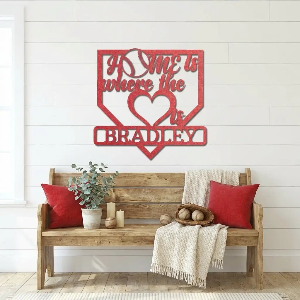 Personalized Baseball Home Plate Metal Wall Art | Custom Family Name Baseball Sign | Baseball Lover Home Decor