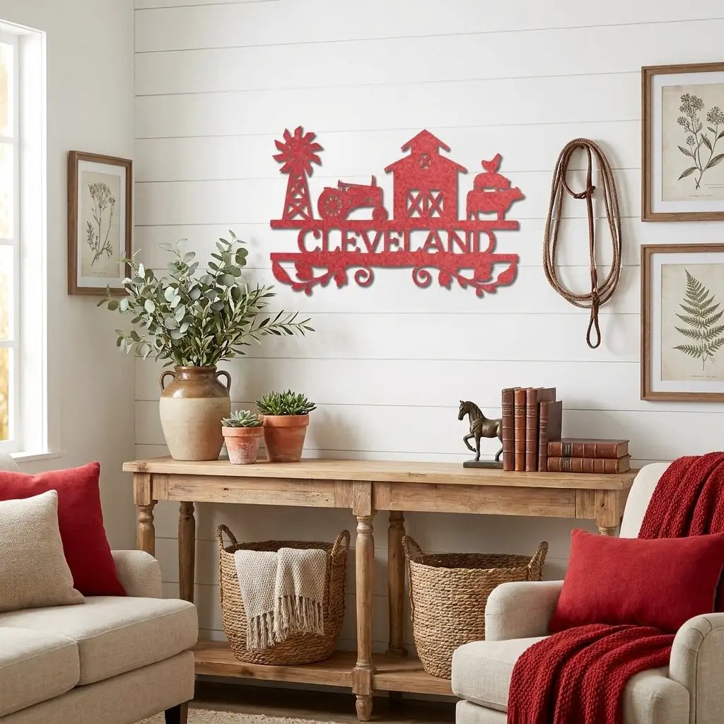 Personalized Barn & Tractor Steel Wall Art - Custom Farm Name Metal Sign
