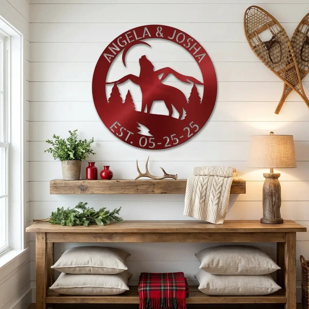 Personalized Howling Wolf Metal Wall Art Sign - Custom Name Laser Cut Decor for Home, Cabin, Lodge - Unique Rustic Wildlife Gift