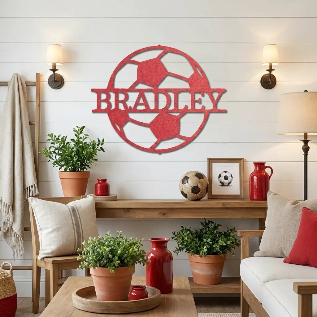 Personalized Soccer Ball Metal Wall Art – Custom Name Soccer Sign – Sports Decor for Kids Room, Soccer Player Gift, Indoor Outdoor Steel Sign