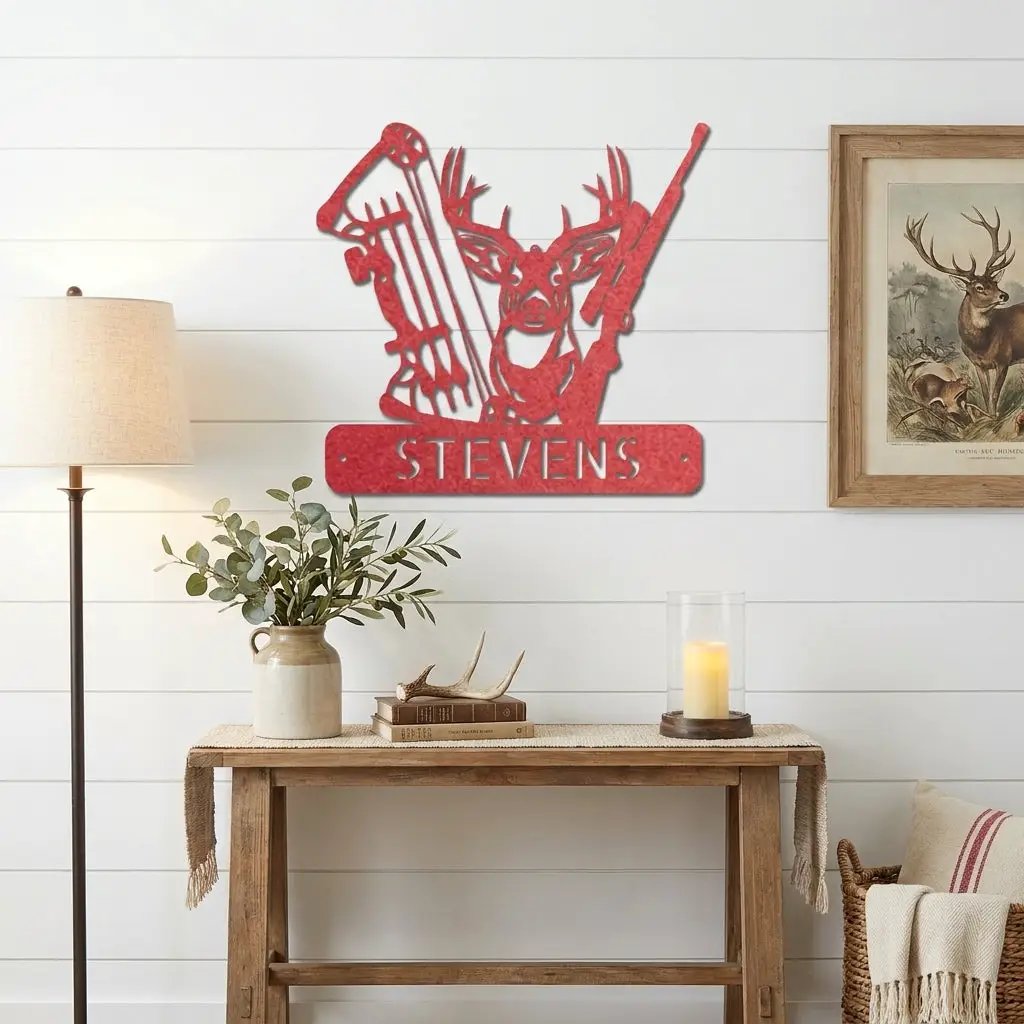 Personalized Deer Hunting Metal Wall Art Custom Hunter Name Sign Buck Head Bow Rifle Decor Rustic Cabin Hunting Gift Outdoor Wall Decor