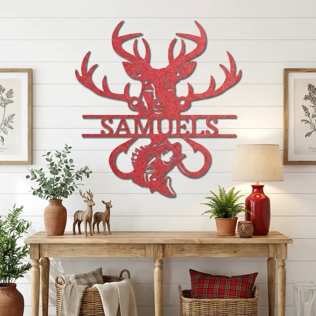 Outdoorsman Custom Metal Wall Art Deer Hunting and Bass Fishing Sign Custom Name Rustic Cabin Decor Hunter Fisherman Gift