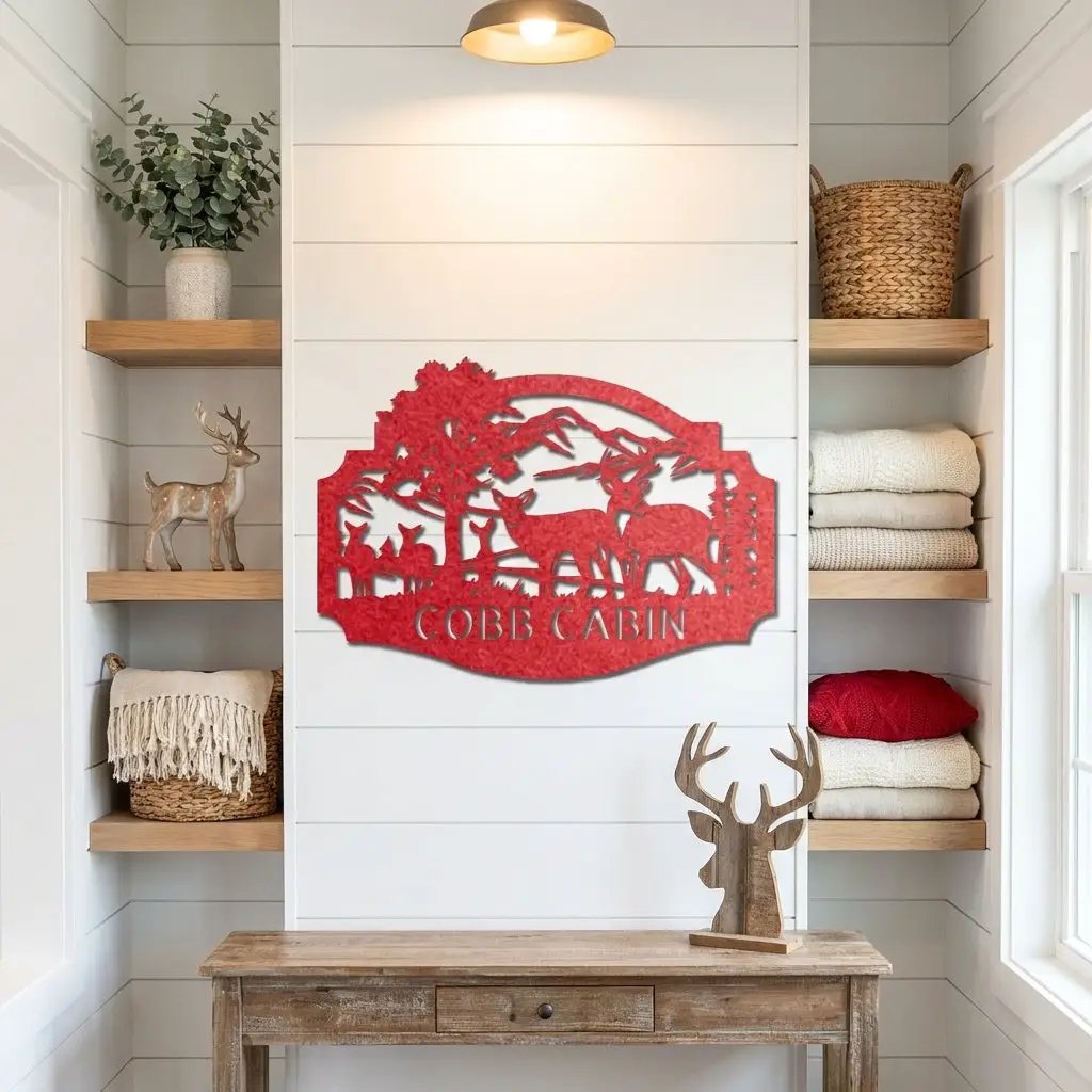 Personalized Deer Cabin Metal Wall Art – Rustic Family Name Sign – Hunting Lodge Decor – Custom Mountain Scene Steel Sign – Cabin Wall Decor Gift