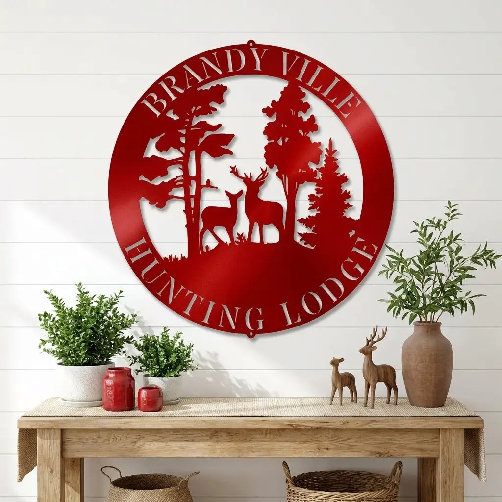 Personalized Deer Couple Metal Wall Art Custom Family Name Sign Hunting Lodge Decor Buck Doe Forest Scene Rustic Outdoor Wall Hanging