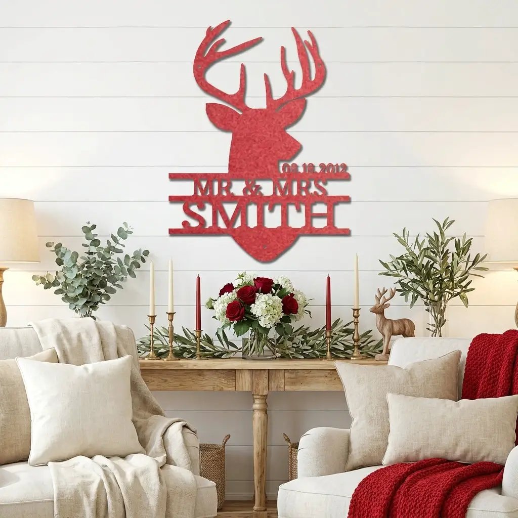 Personalized Deer Head Metal Sign, Mr & Mrs Name Sign, Wedding Gift, Anniversary Gift 25th 50th, Custom Last Name Wall Decor, Rustic Lodge Decor