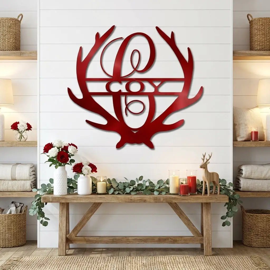 Personalized Deer Antler Family Name Metal Sign – Rustic Last Name Monogram Wall Art – Cabin Lodge Decor Gift