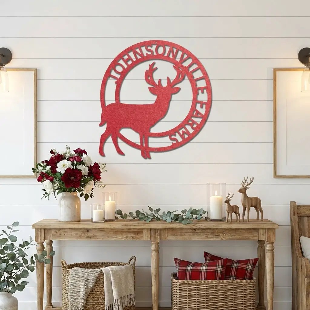 Personalized Deer Family Name Metal Sign – Custom Last Name Circle Wall Art – Rustic Farmhouse Home Decor Gift