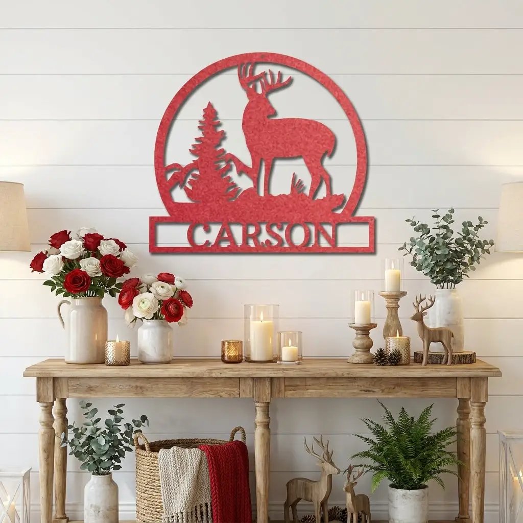 Personalized Deer Scene Metal Sign – Custom Last Name Wall Art – Rustic Cabin Forest Decor Gift