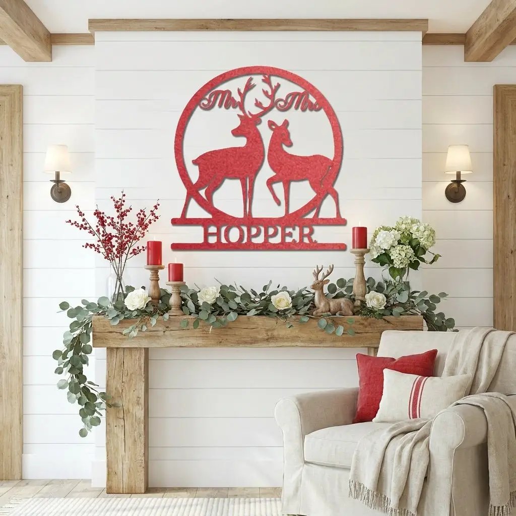 Personalized Mr & Mrs Deer Metal Sign – Custom Last Name Wedding Wall Art – Rustic Anniversary Gift for Couple
