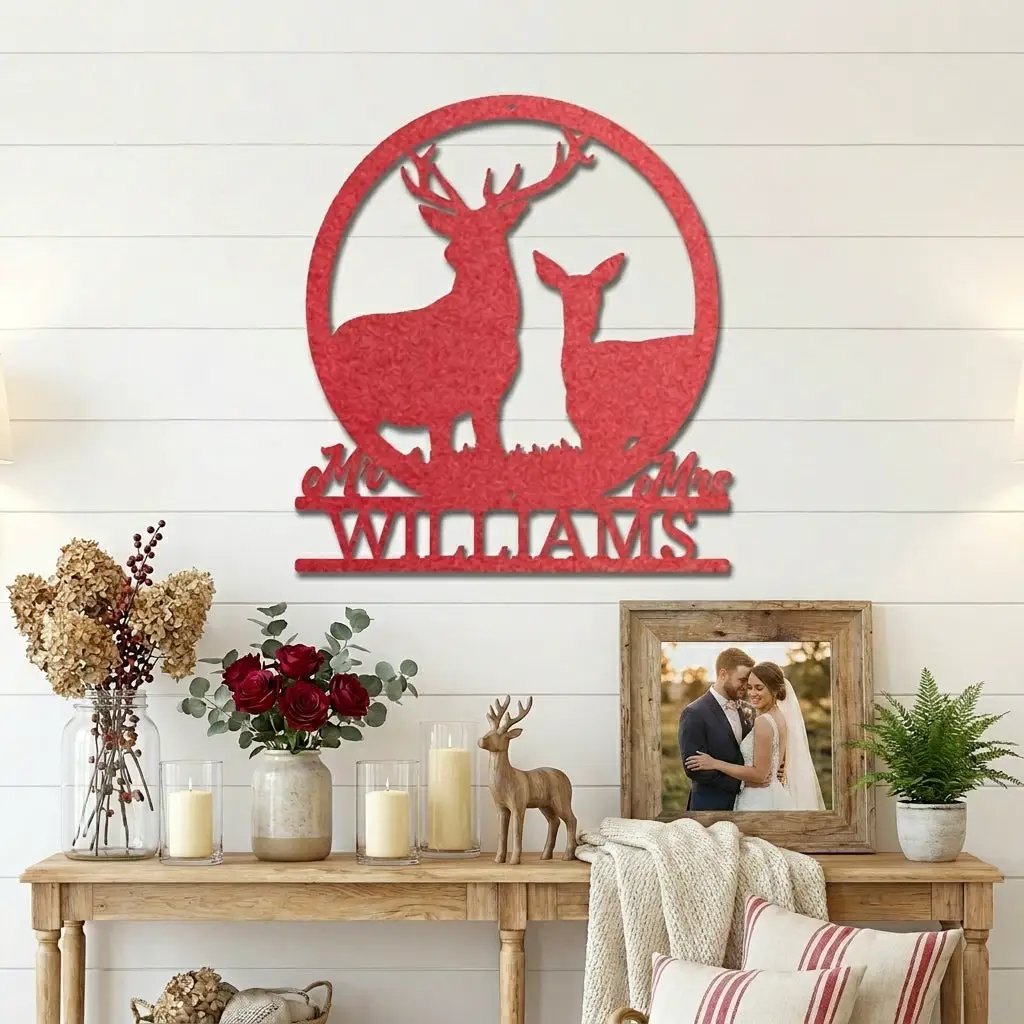 Personalized Mr & Mrs Deer Couple Metal Sign – Custom Last Name Stag & Doe Wall Art – Romantic Wedding or Anniversary Gift