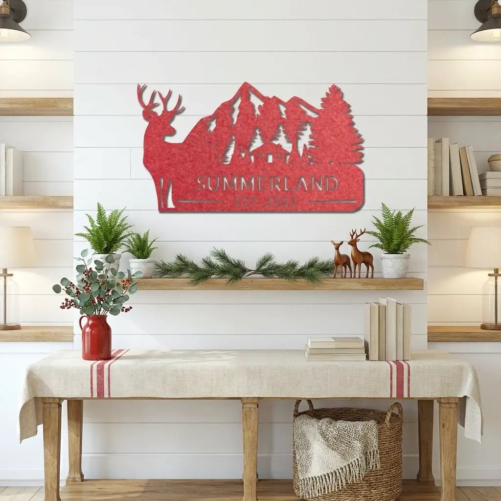 Personalized Deer Mountain Cabin Metal Sign – Custom Family Name Wilderness Wall Art – Rustic Lodge Decor with Trees & Mountains