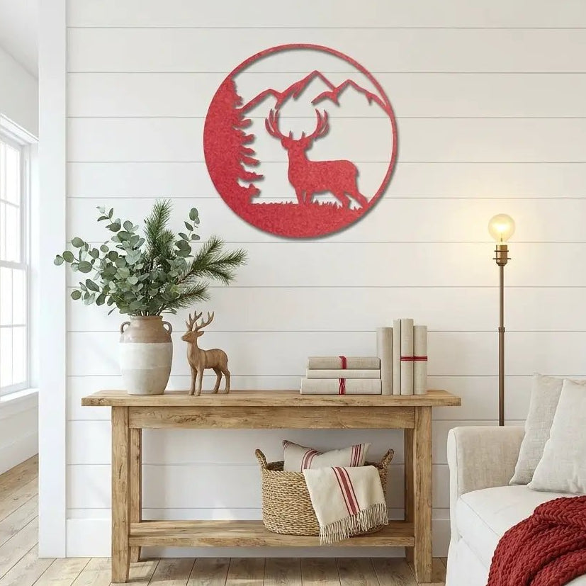 Deer Mountain Metal Wall Art – Rustic Wildlife Circle Sign – Forest & Cabin Lodge Decor – Stag Silhouette Steel Wall Hanging