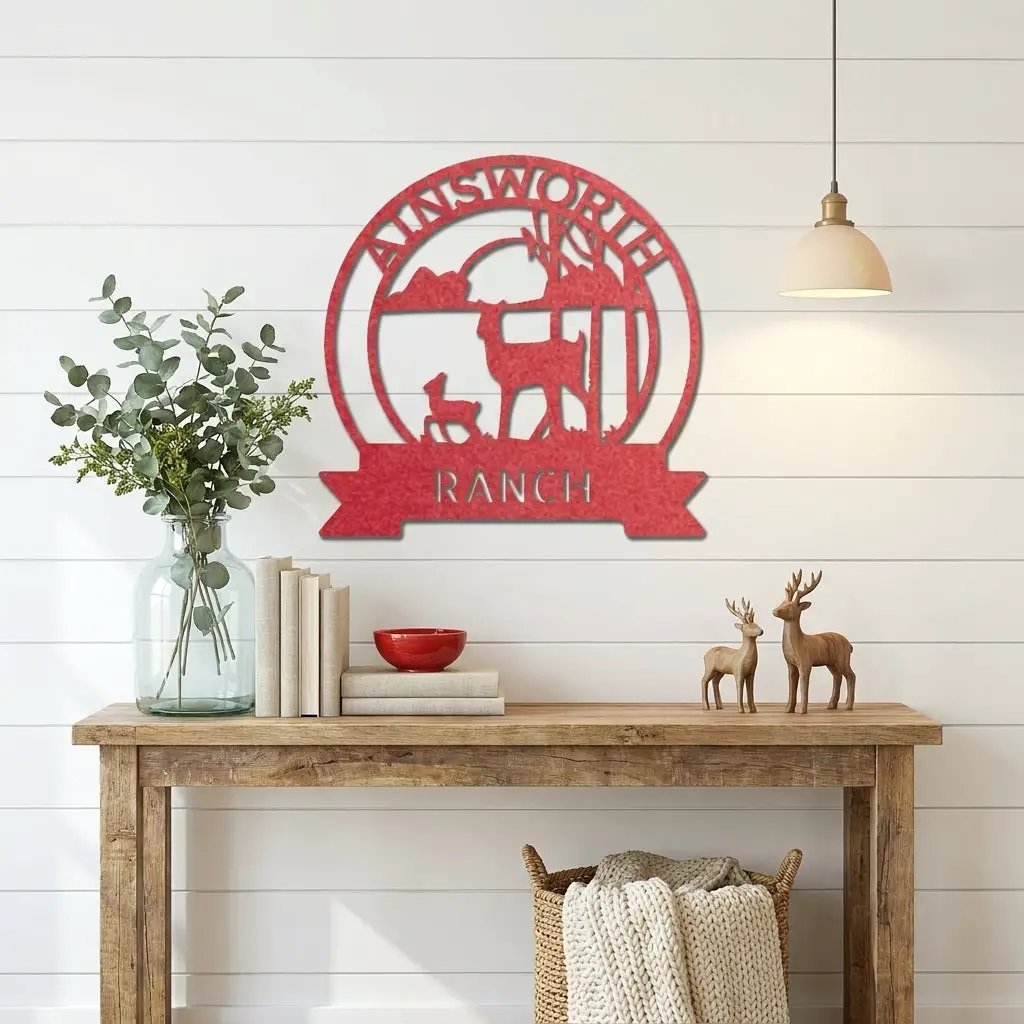 Personalized Deer Ranch Metal Sign – Doe & Fawn Sunset Wall Art – Custom Family Name & Ranch Name Sign – Rustic Farmhouse Lodge Decor