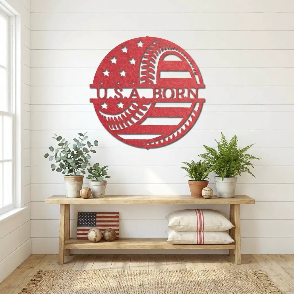 Baseball American Flag Custom Name Metal Art Wall Sign