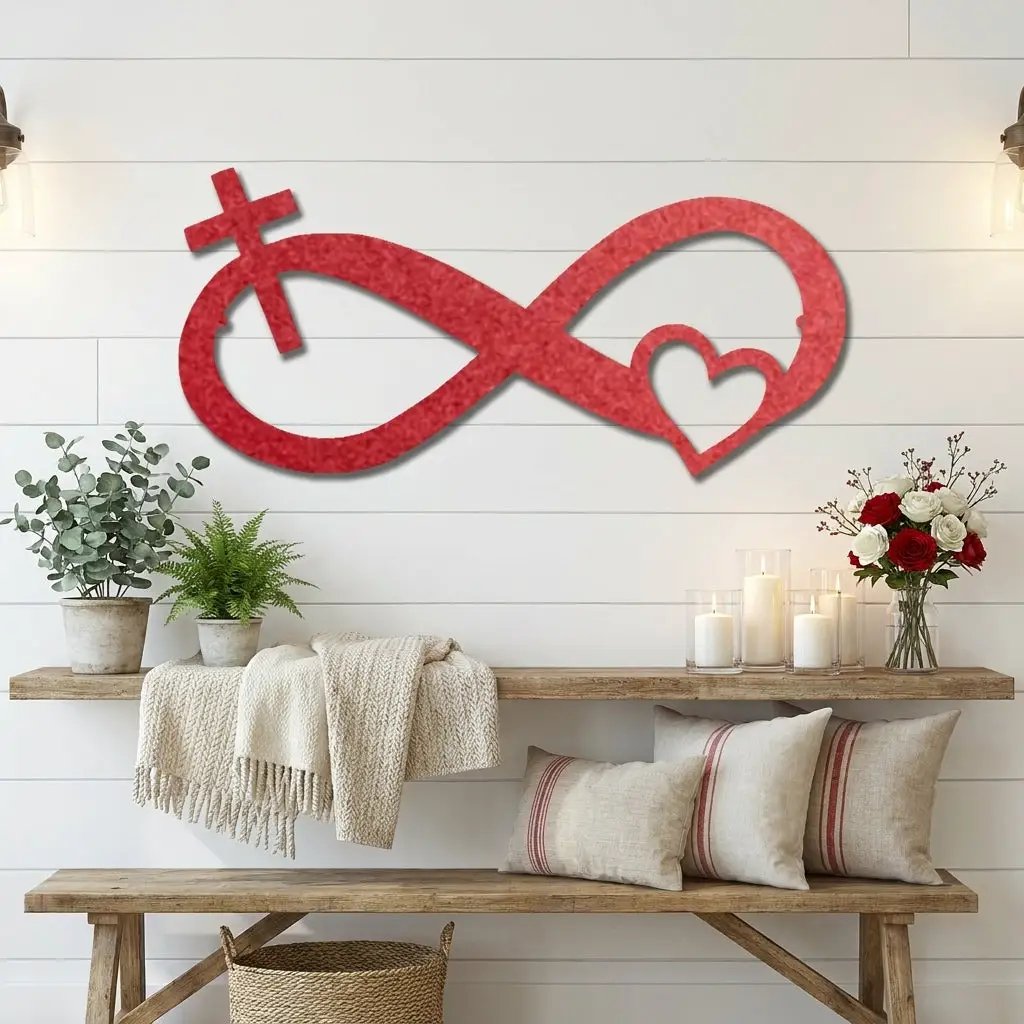 Infinity Cross and Heart Metal Wall Art – Christian Faith Inspired Indoor/Outdoor Sign – Laser Cut Powder-Coated Steel, Elegant Religious Home Décor (Multiple Sizes & Colors)