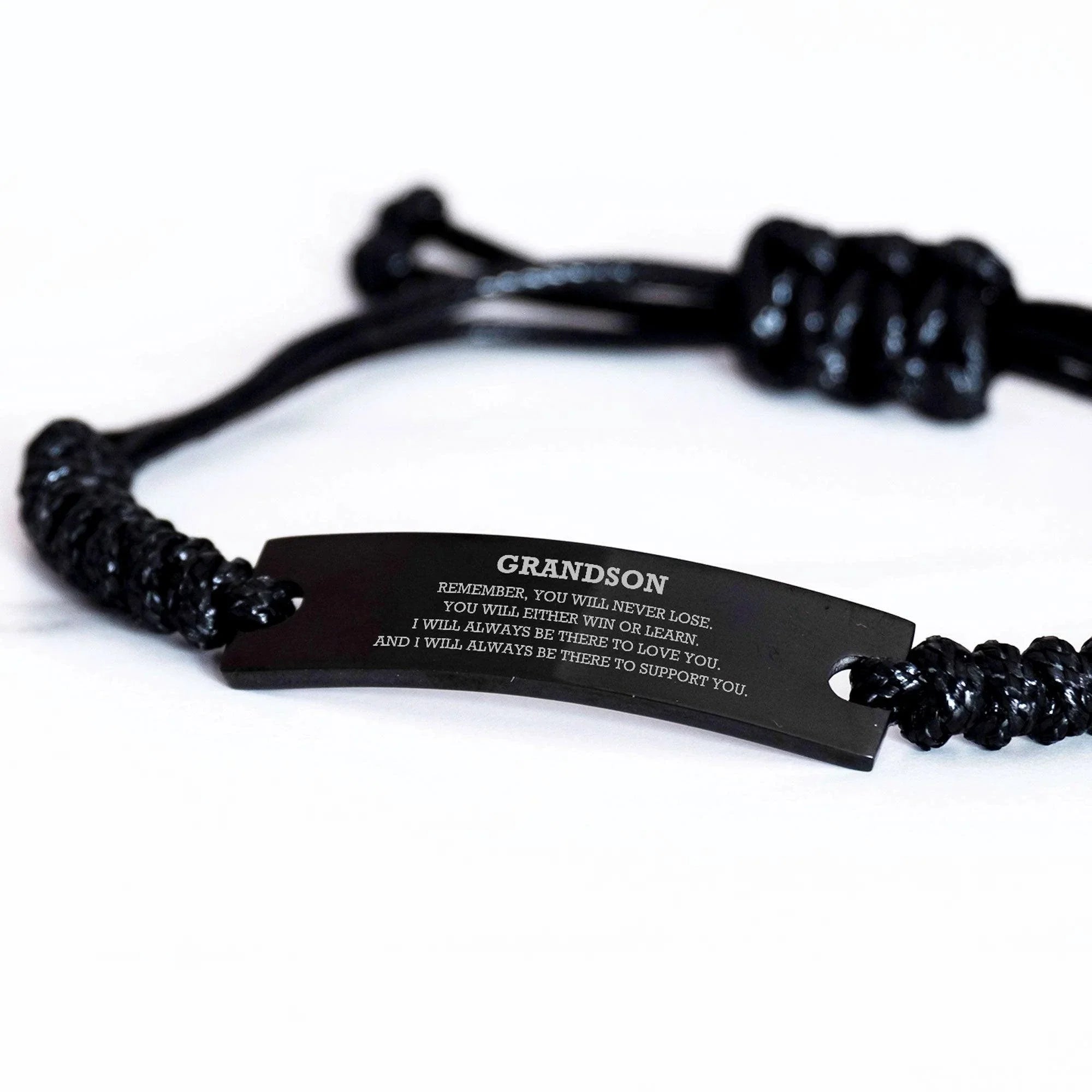Grandson Braided Leather Rope Bracelet, Remember, You Will Never Lose, You Will Either Win or Learn, Black Leather Engraved Bracelet for your Grandson, Birthday, Christmas Gifts Ideas