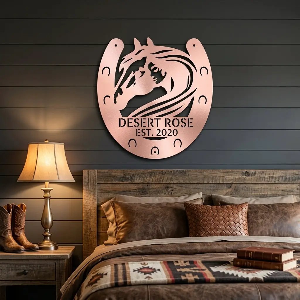 Personalized Horse & Horseshoe Metal Wall Art | Custom Ranch Name Sign | Equestrian Wall Decor | Western Farmhouse Metal Sign | Made in USA
