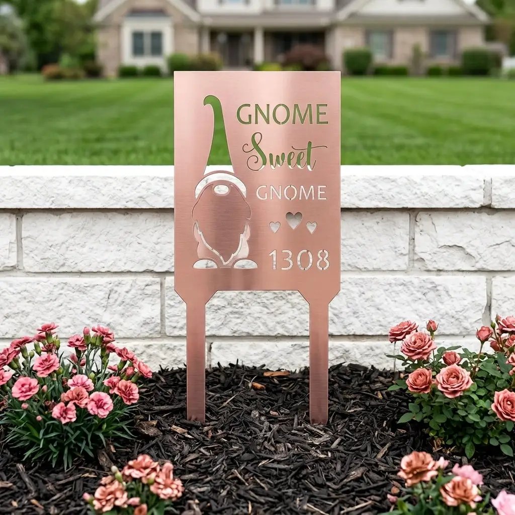 Personalized Gnome Sweet Gnome Address Sign | Custom Metal House Number Sign | Gnome Welcome Wall Decor | Outdoor Address Plaque | Made in USA