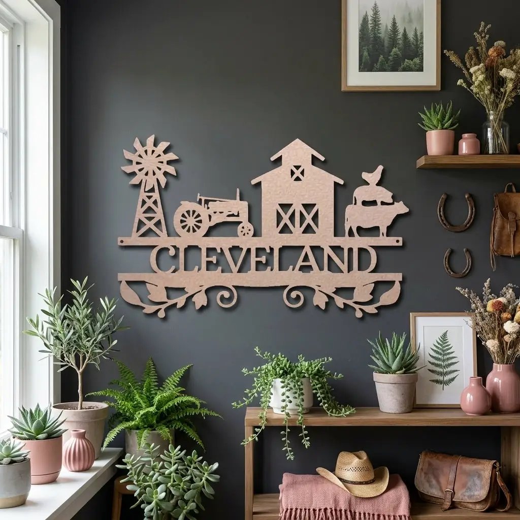 Personalized Barn & Tractor Steel Wall Art - Custom Farm Name Metal Sign