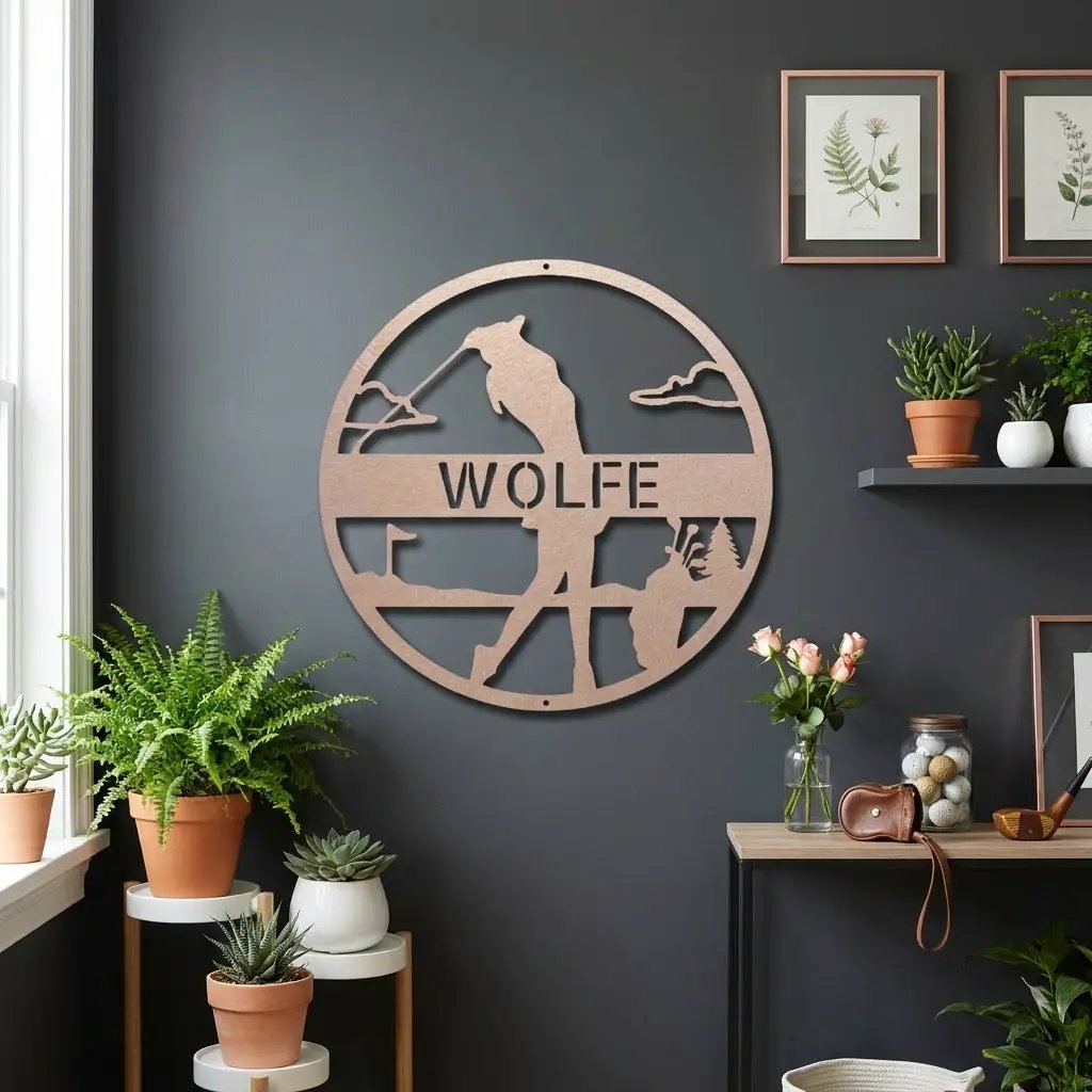 Custom Female Golfer Metal Sign – Personalized Name Wall Art – Round Golf Scene – Laser Cut Steel