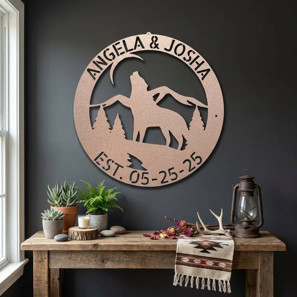 Personalized Howling Wolf Metal Wall Art Sign - Custom Name Laser Cut Decor for Home, Cabin, Lodge - Unique Rustic Wildlife Gift