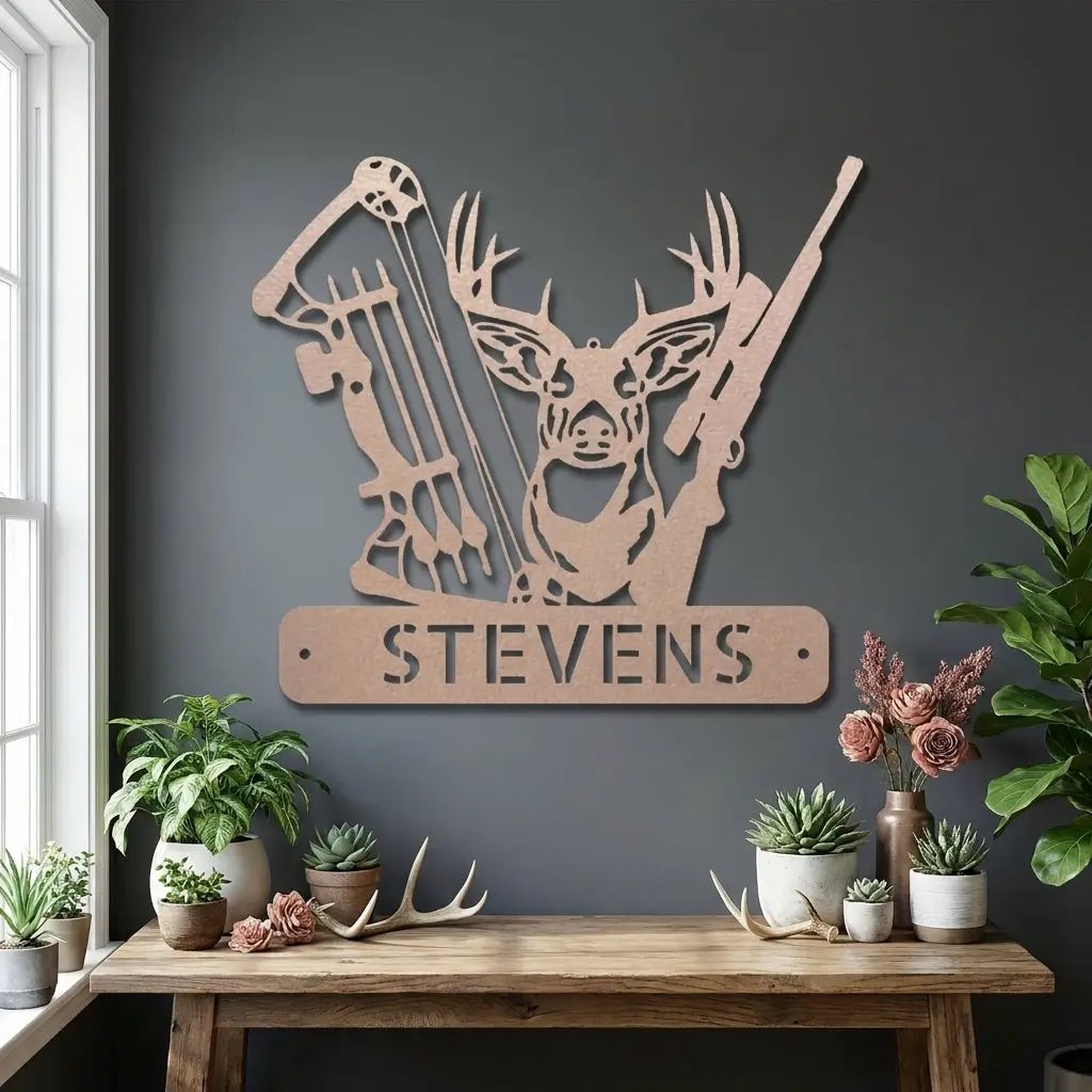 Personalized Deer Hunting Metal Wall Art Custom Hunter Name Sign Buck Head Bow Rifle Decor Rustic Cabin Hunting Gift Outdoor Wall Decor