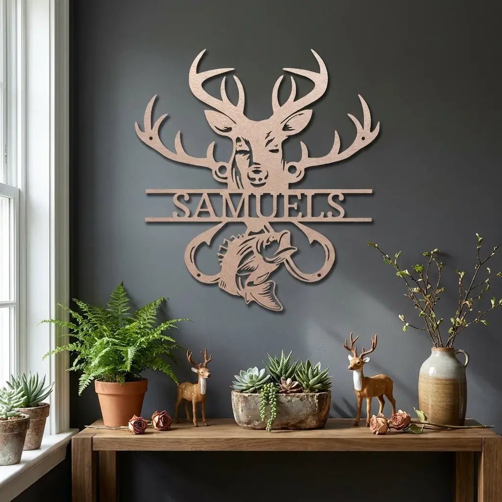 Outdoorsman Custom Metal Wall Art Deer Hunting and Bass Fishing Sign Custom Name Rustic Cabin Decor Hunter Fisherman Gift