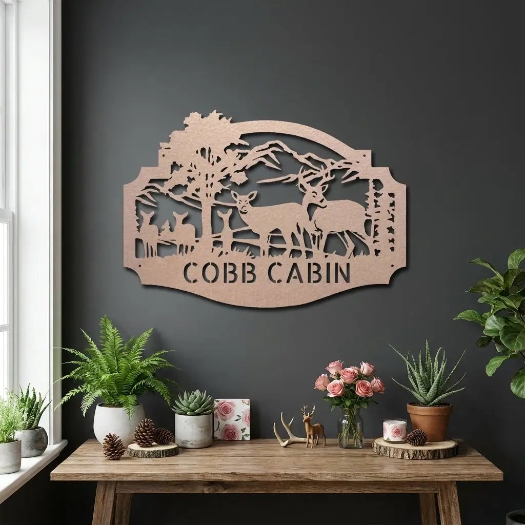 Personalized Deer Cabin Metal Wall Art – Rustic Family Name Sign – Hunting Lodge Decor – Custom Mountain Scene Steel Sign – Cabin Wall Decor Gift
