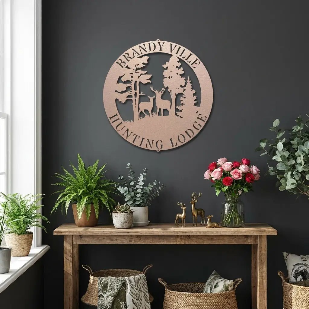 Personalized Deer Couple Metal Wall Art Custom Family Name Sign Hunting Lodge Decor Buck Doe Forest Scene Rustic Outdoor Wall Hanging
