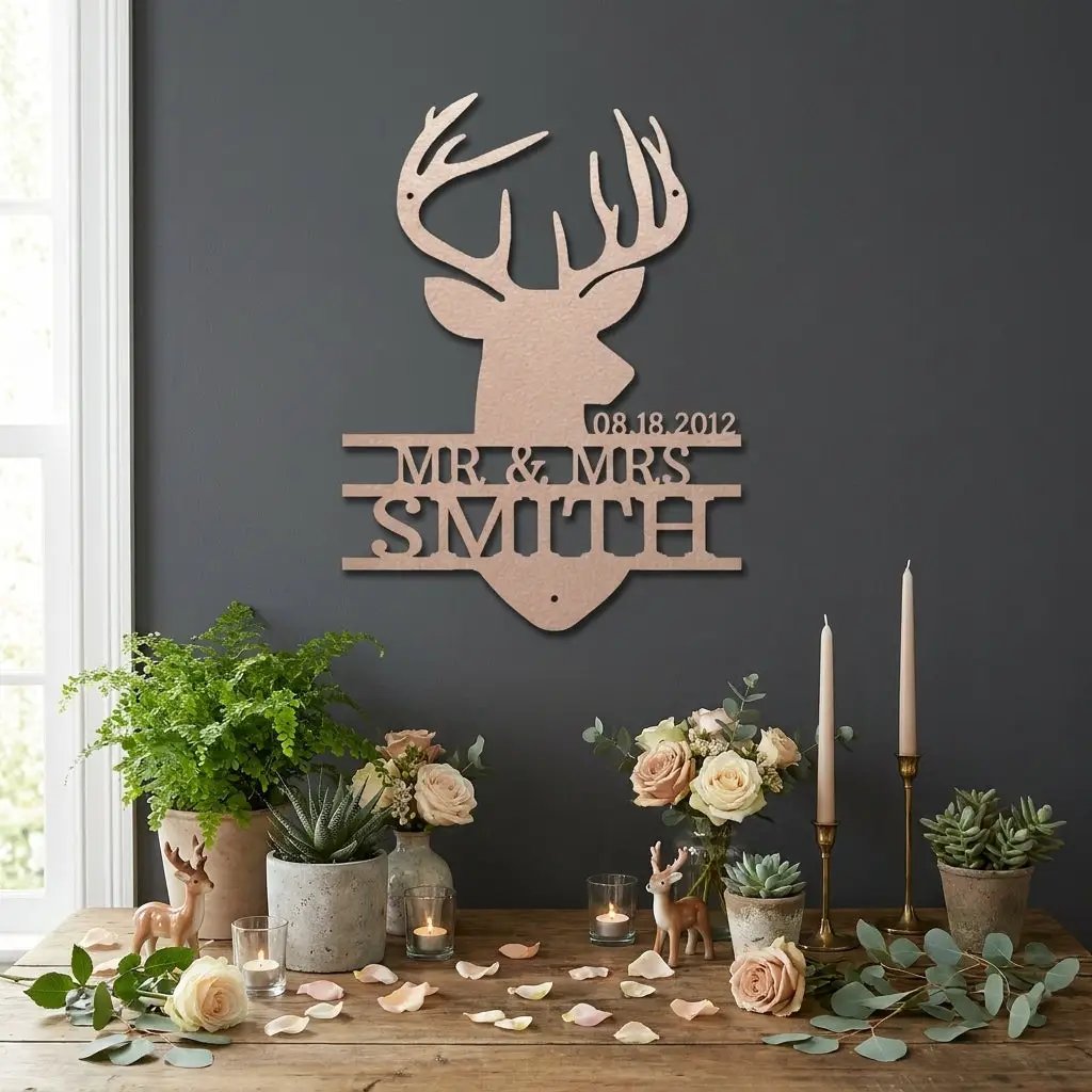 Personalized Deer Head Metal Sign, Mr & Mrs Name Sign, Wedding Gift, Anniversary Gift 25th 50th, Custom Last Name Wall Decor, Rustic Lodge Decor