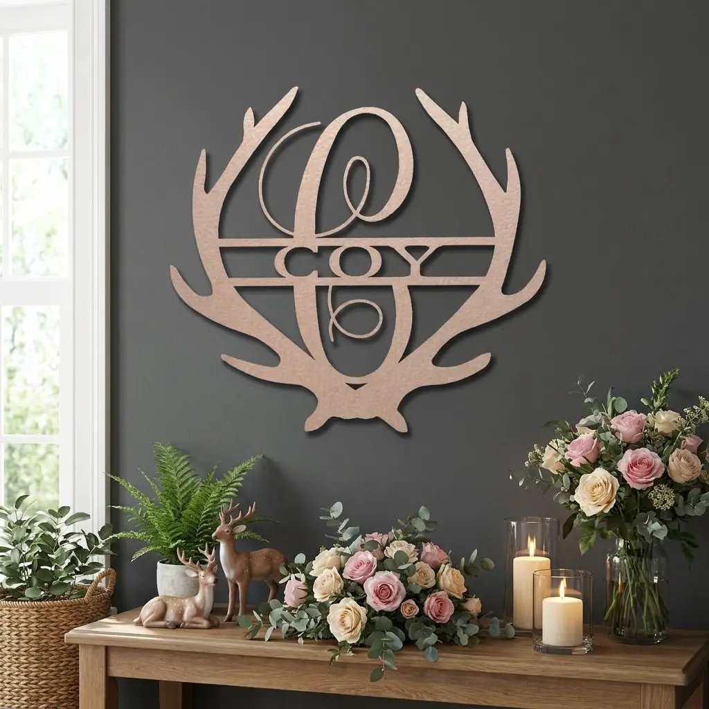 Personalized Deer Antler Family Name Metal Sign – Rustic Last Name Monogram Wall Art – Cabin Lodge Decor Gift