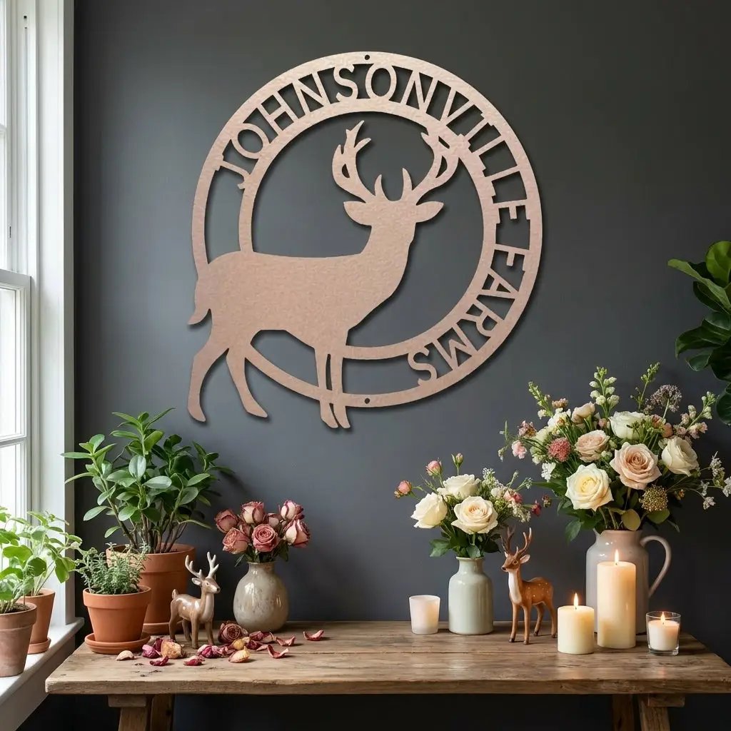 Personalized Deer Family Name Metal Sign – Custom Last Name Circle Wall Art – Rustic Farmhouse Home Decor Gift