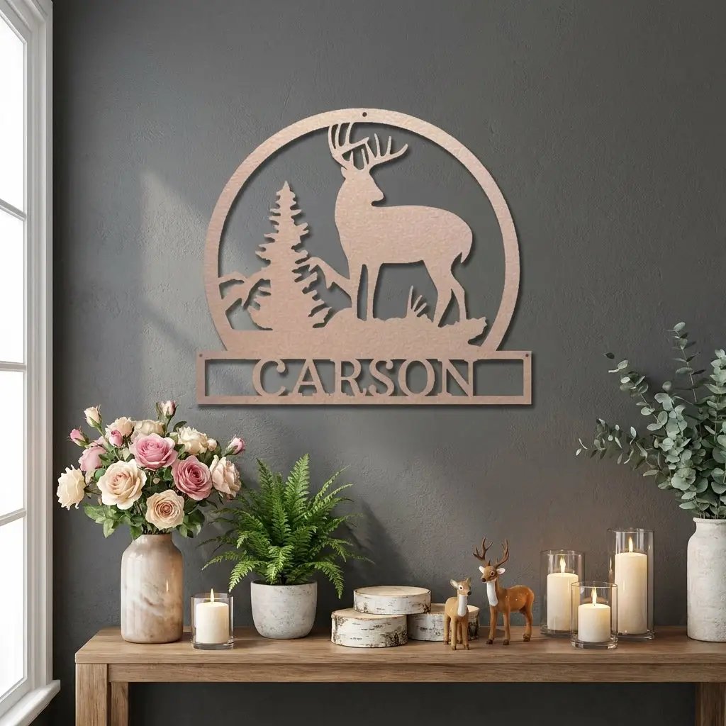 Personalized Deer Scene Metal Sign – Custom Last Name Wall Art – Rustic Cabin Forest Decor Gift