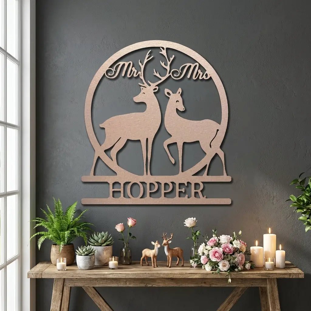 Personalized Mr & Mrs Deer Metal Sign – Custom Last Name Wedding Wall Art – Rustic Anniversary Gift for Couple