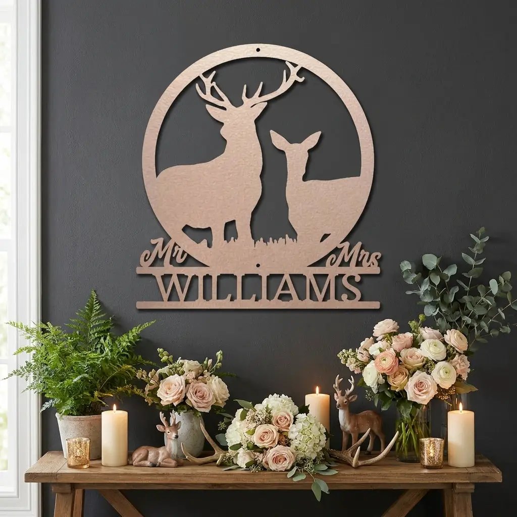 Personalized Mr & Mrs Deer Couple Metal Sign – Custom Last Name Stag & Doe Wall Art – Romantic Wedding or Anniversary Gift
