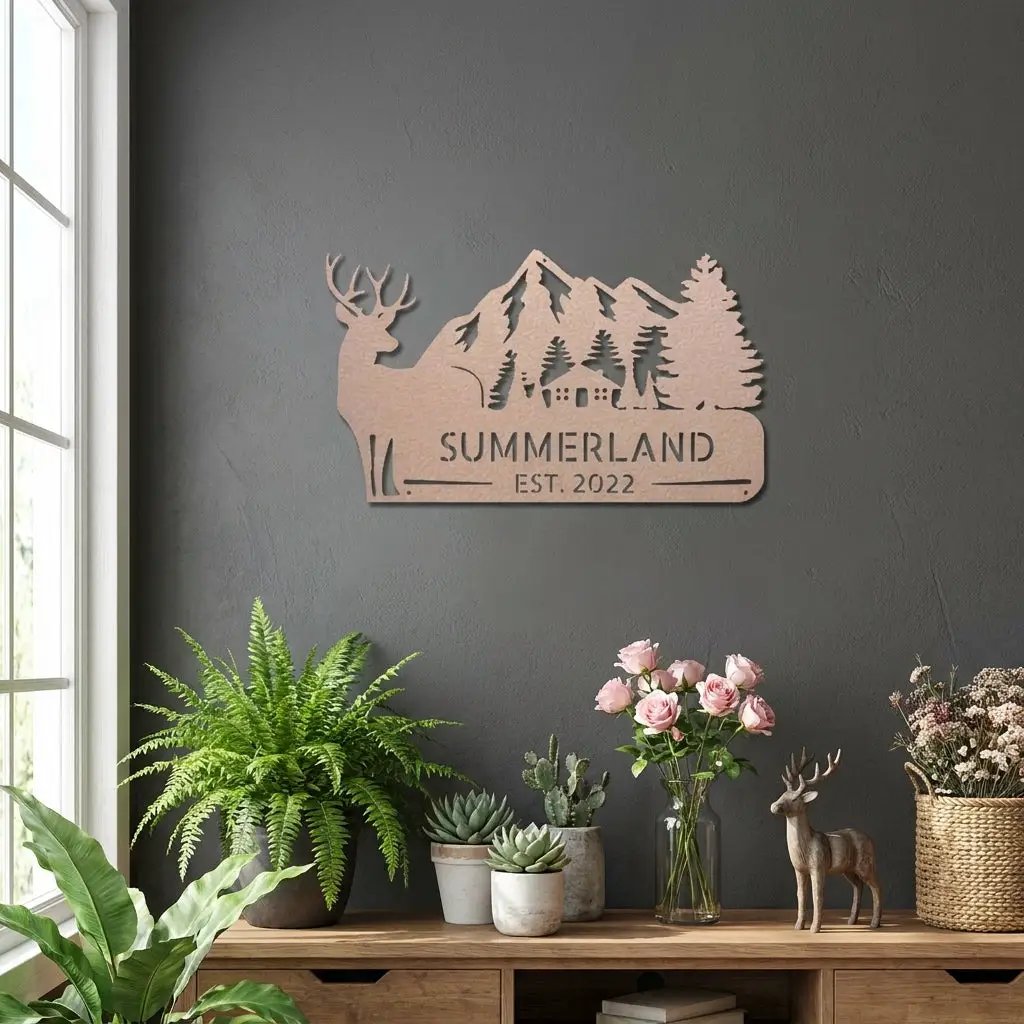 Personalized Deer Mountain Cabin Metal Sign – Custom Family Name Wilderness Wall Art – Rustic Lodge Decor with Trees & Mountains