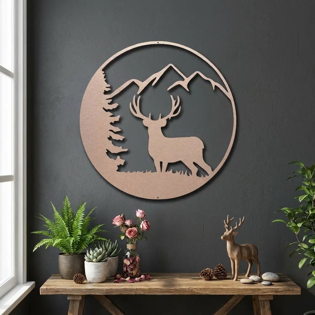 Deer Mountain Metal Wall Art – Rustic Wildlife Circle Sign – Forest & Cabin Lodge Decor – Stag Silhouette Steel Wall Hanging