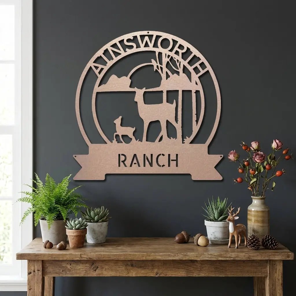 Personalized Deer Ranch Metal Sign – Doe & Fawn Sunset Wall Art – Custom Family Name & Ranch Name Sign – Rustic Farmhouse Lodge Decor