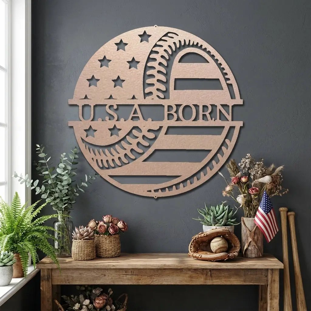 Baseball American Flag Custom Name Metal Art Wall Sign