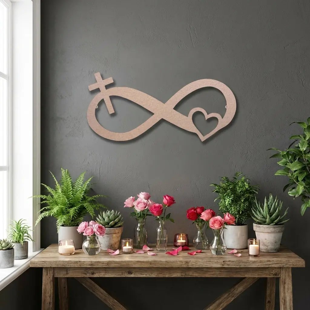Infinity Cross and Heart Metal Wall Art – Christian Faith Inspired Indoor/Outdoor Sign – Laser Cut Powder-Coated Steel, Elegant Religious Home Décor (Multiple Sizes & Colors)