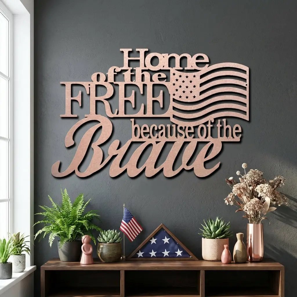 Home of the Free Because of the Brave Metal Wall Art – Patriotic American Flag Sign – Handmade Steel Indoor/Outdoor Décor