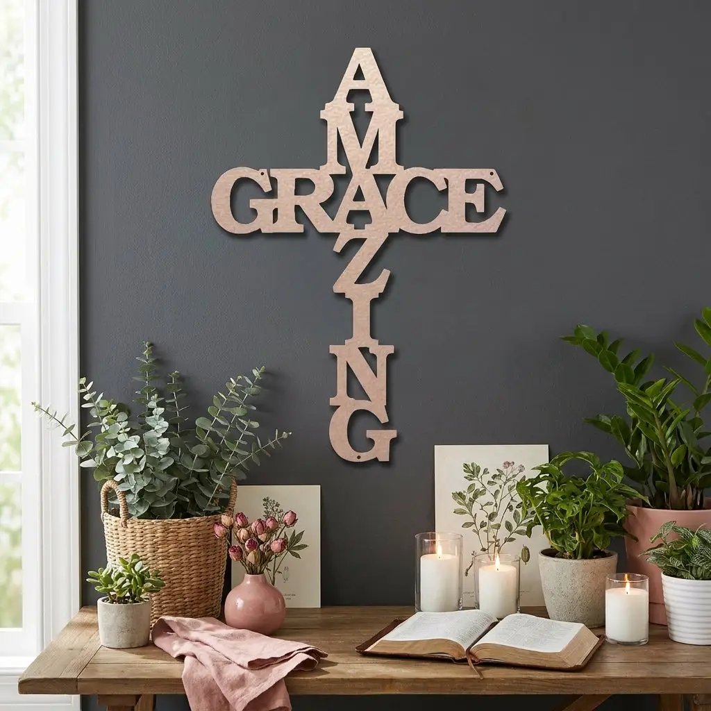 Amazing Grace Cross Steel Wall Art – Christian Metal Cross Sign – Inspirational Faith Decor – Laser Cut Religious Wall Art